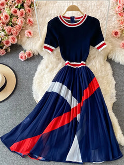 Summer Sweater Knitted Chiffon Striped Pleated Dress