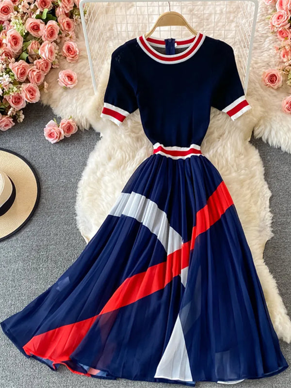 Summer Sweater Knitted Chiffon Striped Pleated Dress