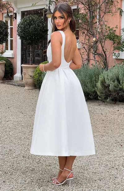 White O Neck Backless Pleated Elegant Long Summer Dress