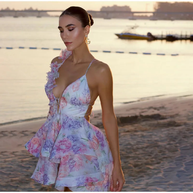 Elegant Flare Sleeve V Neck Pleated High Waist Dress