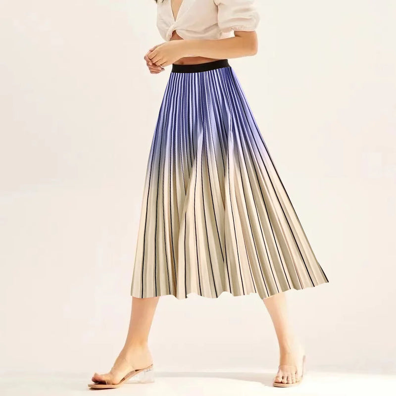 Printed elastic mid length A-line pressed pleated skirt