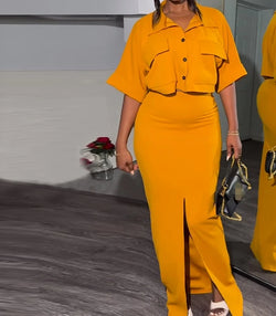 Elegant Flip Collar Short Shirt Top with A Slit and Hip Wrap Skirt