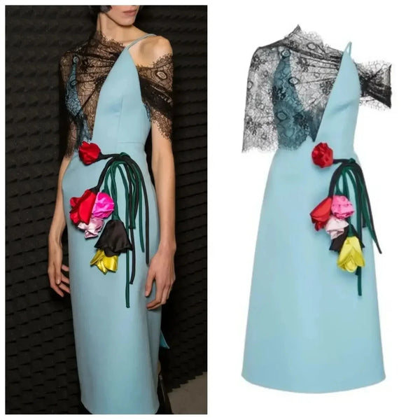 Pleat Flower A-line One-shoulder Midi Dress