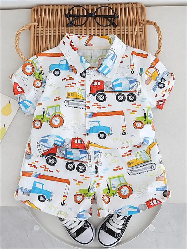 Summer Kids Boys Girl Causal Full Printed Cars Shirt Shorts 2Pcs