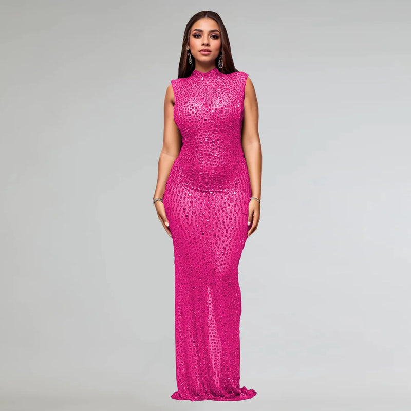 Fall Diamonds Hot Rhinestones O-neck Sleeveless Bodycon Long Dress