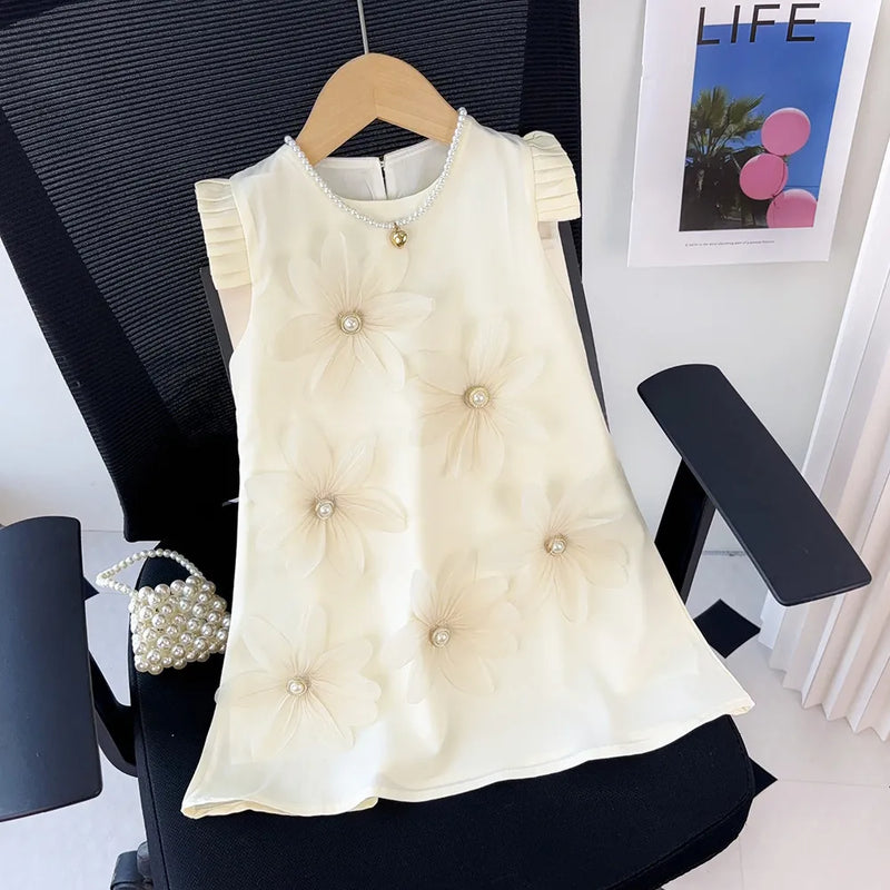 2-7 Year Old Girl Princess Beige Flower Tank Top Dress