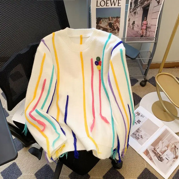 Winter Tassels Rainbow Striped Sweater Coat