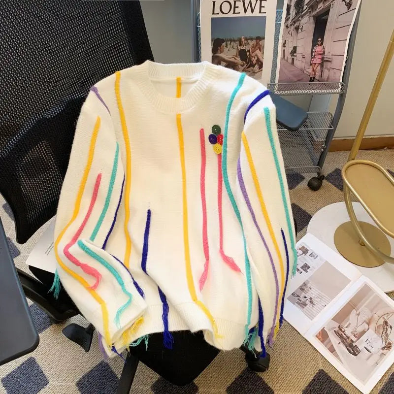 Winter Tassels Rainbow Striped Sweater Coat