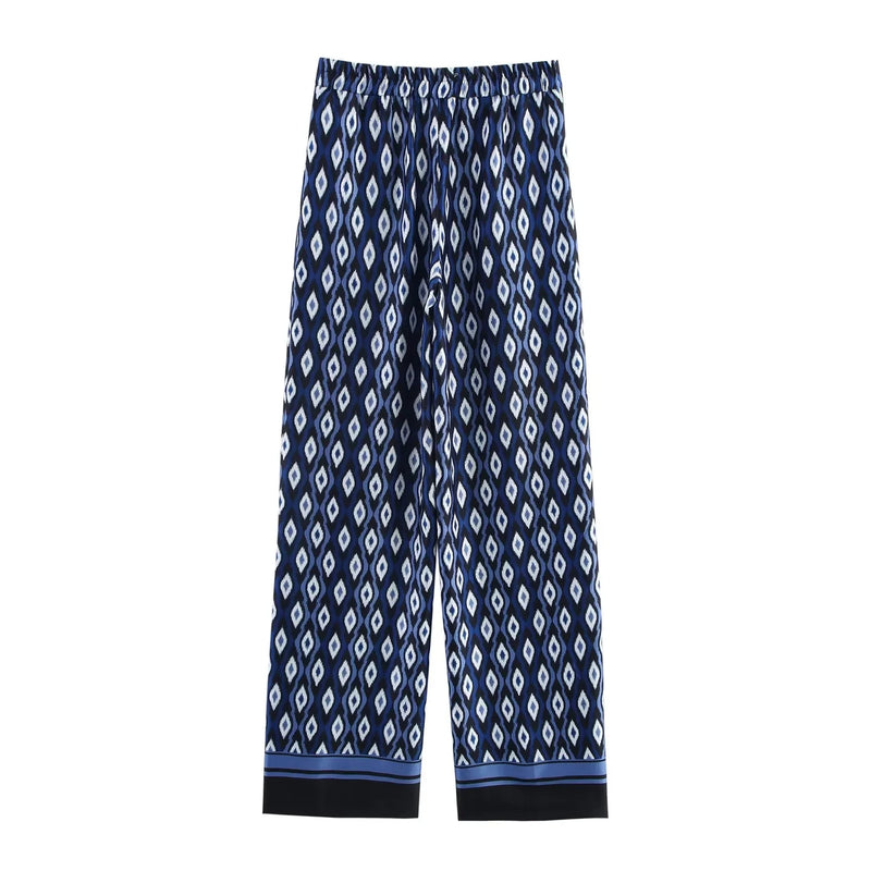 Vintage Blue Geometric Long Sleeve Loose Shirts+High Waist Wide Leg Pants