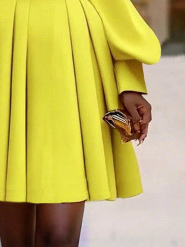 Pleated A-Line Long Sleeves V-Neck Mini Dress