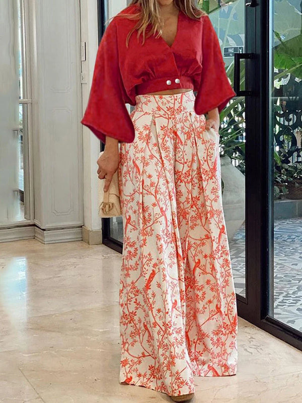 V-neck Long Sleeve Shirt And Blouses Crop Top Straight Wide Leg Pants