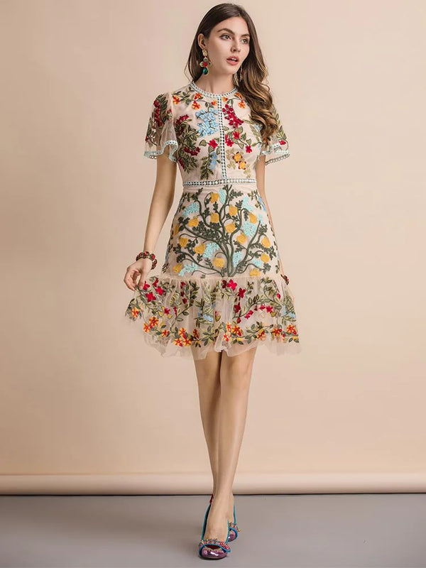 Flare Sleeve Floral Embroidery Hollow Out Midi Dress