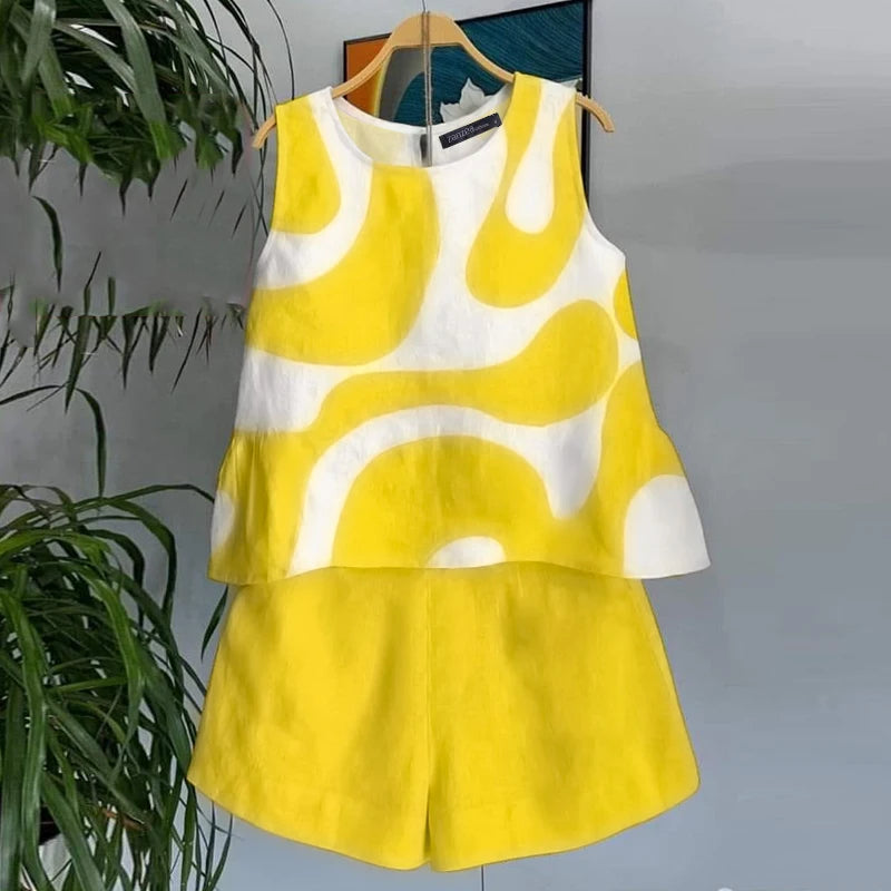 Summer Tanks Short Suit Holiday Stitching Pleats Sets
