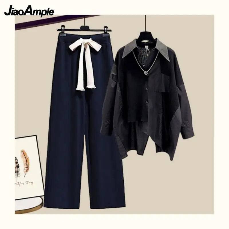 Splicing Shirt+Elastic Waist Wide Leg Pants Two Piece