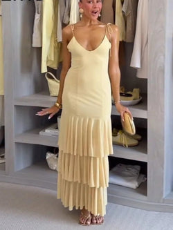 Cascading Ruffles Long V-neck Sleeveless Backless Dress