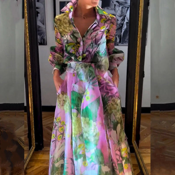 Elegant Lapel Lantern Sleeve Shirt + Long Skirt Suit