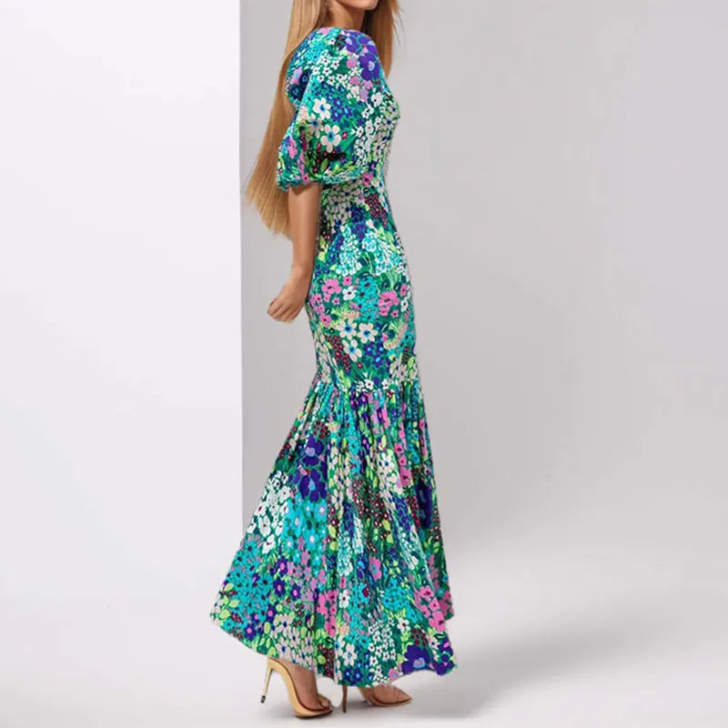 Elegant Blue Flower Lantern Sleeve And Ankle Fishtail Dress