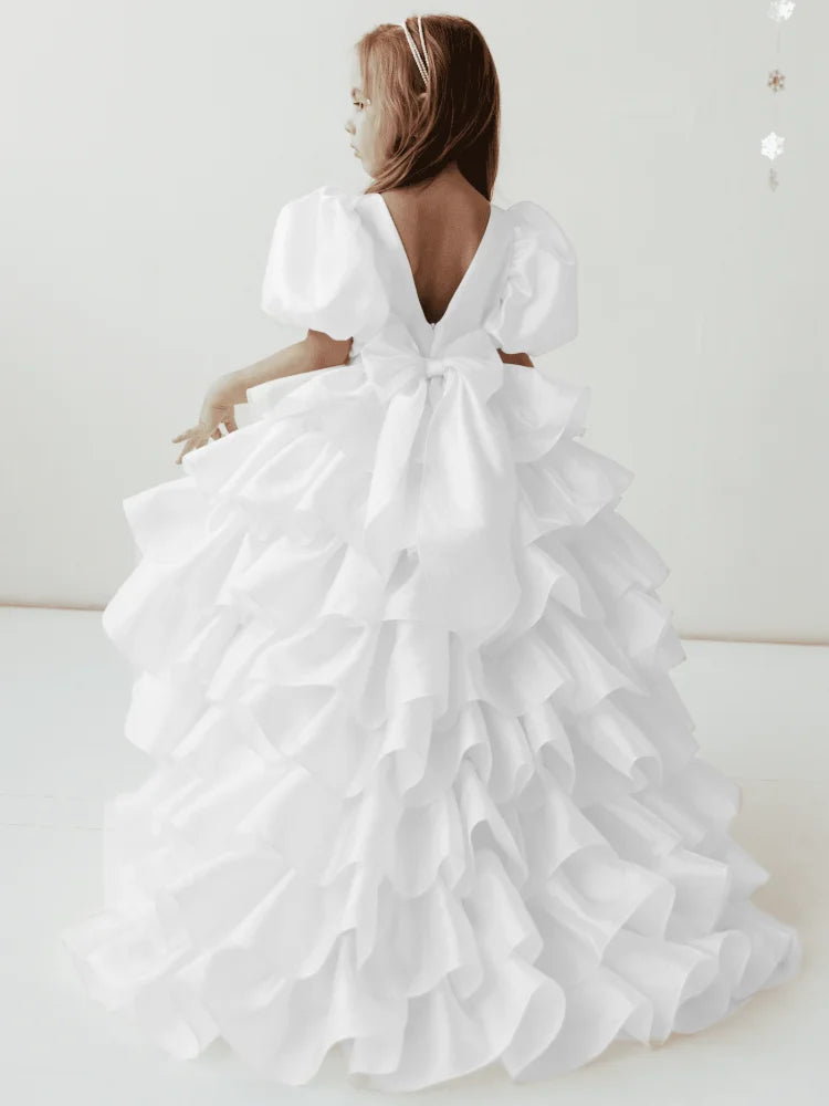 Flower Beige Tiered With Bow And Tailing Short Sleeve Dress