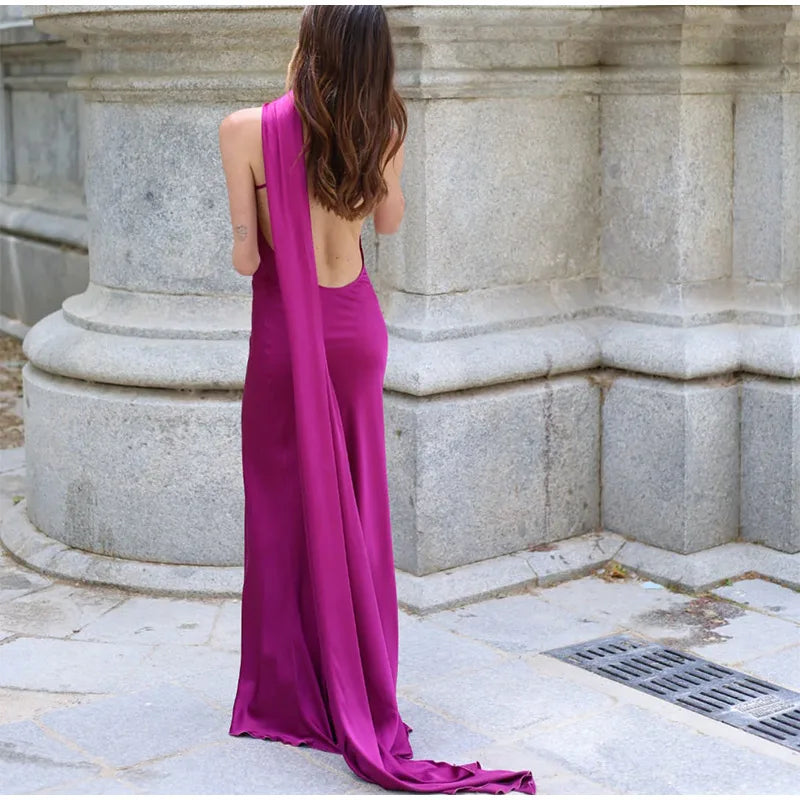 Elegant Solid Ribbon Off Shoulder Sleeveless Backless Slim Dress