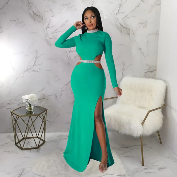 Cutout Waist High Side Split Long Sleeve Dress