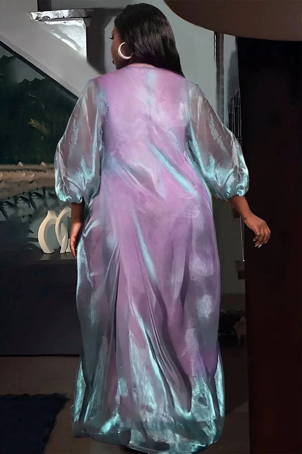 Green Glitter V Neck Lantern Sleeve Abaya Long Dress