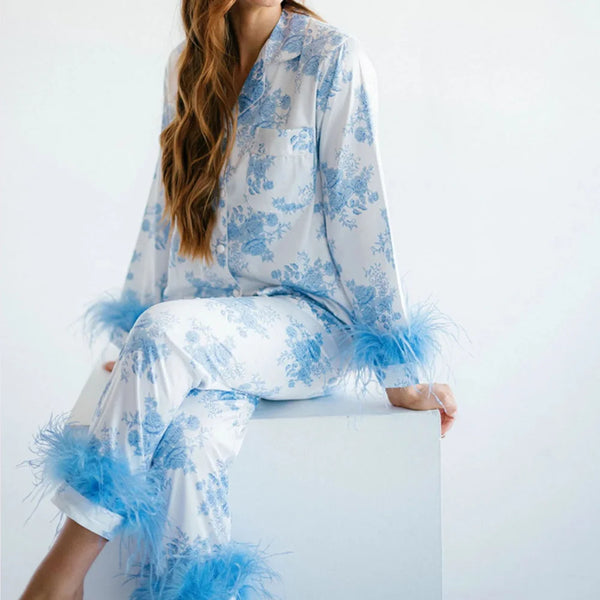 Feather Top Pants Satin 2Pcs