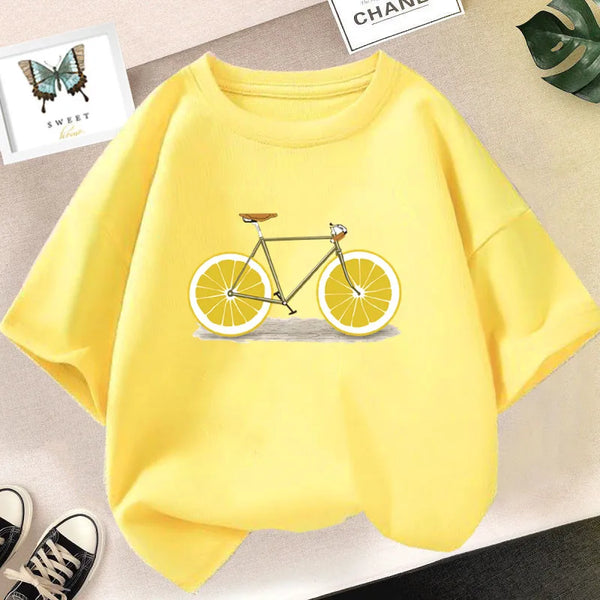 Cute Lemon Fruit Cartoon Bike Printed Tops Tee Short Sleeve