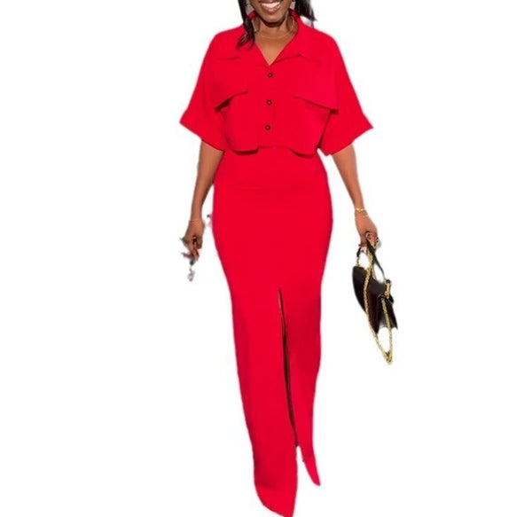 Elegant Flip Collar Short Shirt Top with A Slit and Hip Wrap Skirt