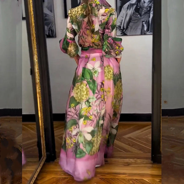 Elegant Lapel Lantern Sleeve Shirt + Long Skirt Suit
