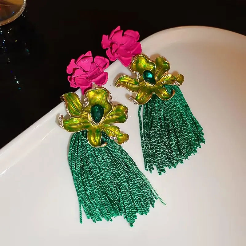 Flower Exaggerated Long Tassel Earrings