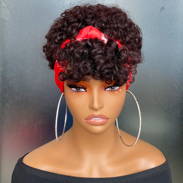 short pixie cut spiral curl with hedband  human hair wig