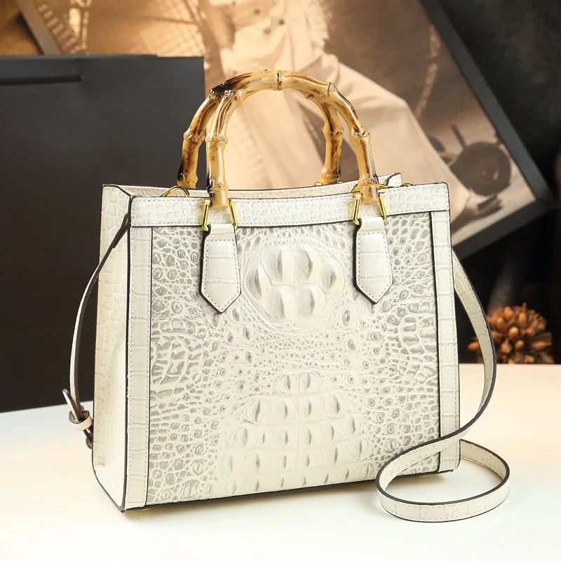 Leather Real Bamboo Crocodile Pattern Handbag