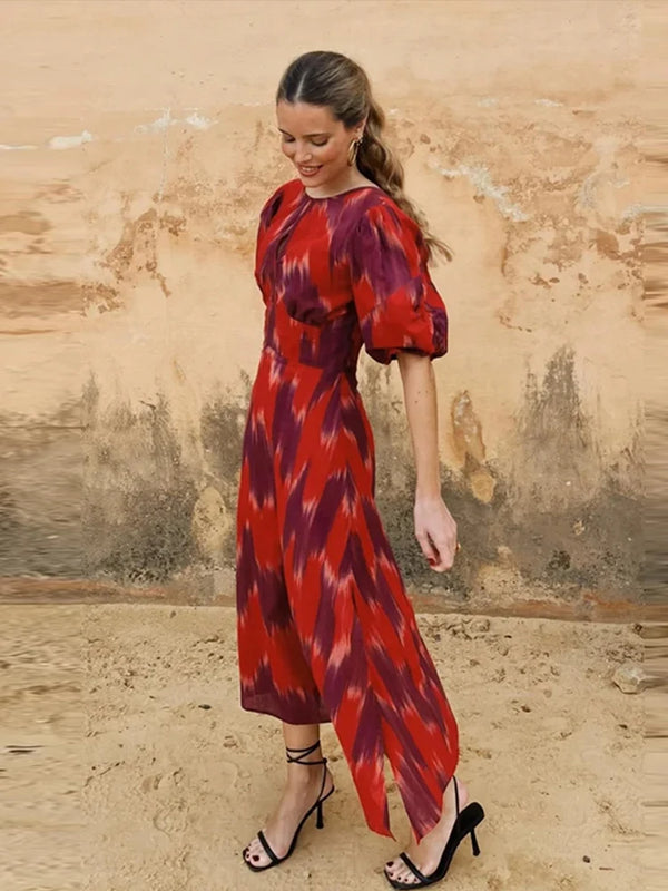 Summer Chic Print Short Puff Sleeves Split Long Dress