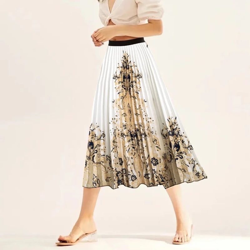 Printed elastic mid length A-line pressed pleated skirt