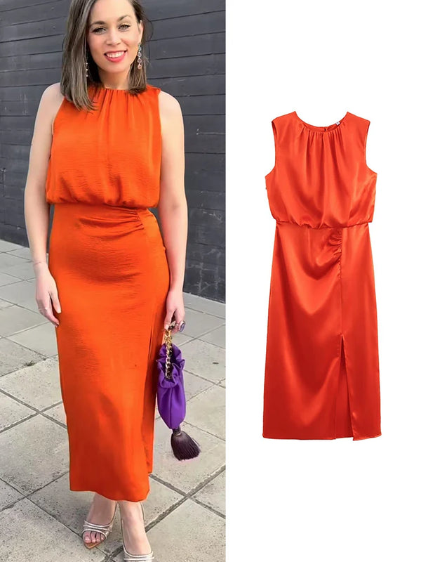 Elegant Pleated Summer O-neck Sleeveless Slim Dress