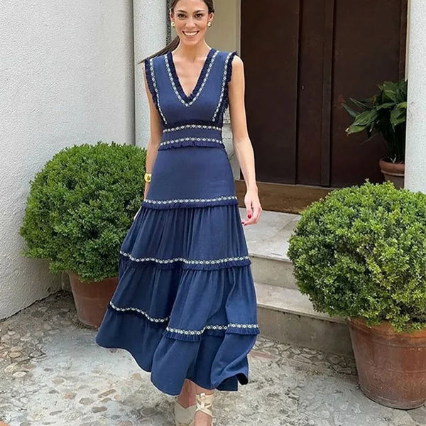 V-neck Sleeveless Waist Collection with Tassel Dress