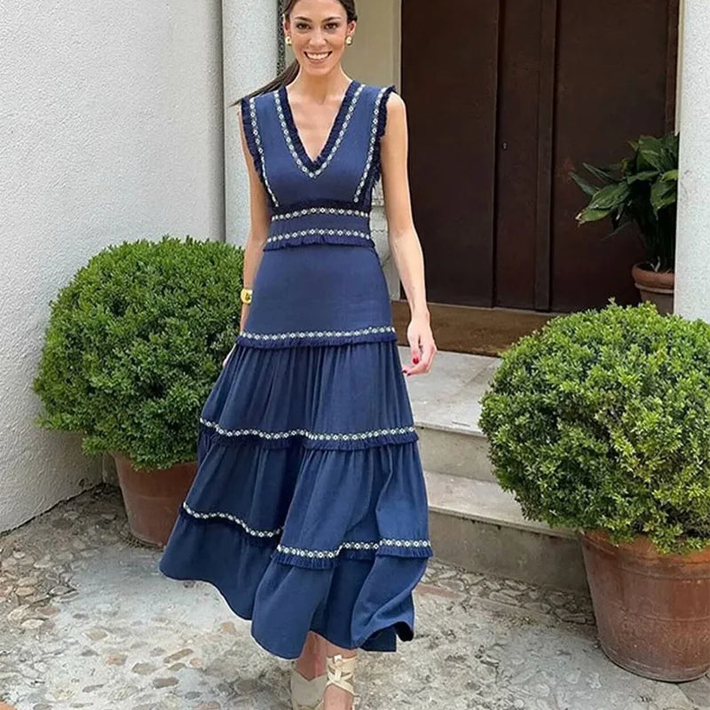 V-neck Sleeveless Waist Collection with Tassel Dress