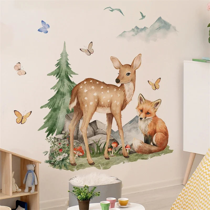 Cartoon Forest Animal Bear Pine Tree Wall Stickers for Kids Room