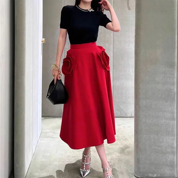 Elegant Style High-Waisted Rose Big Bloom Skirt