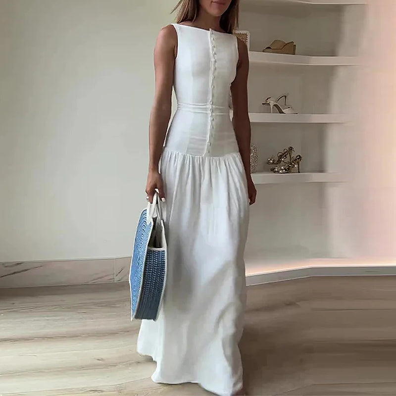 Summer Breasted Sleeveless Boat Neck Maxi Bodycon Casual Dress