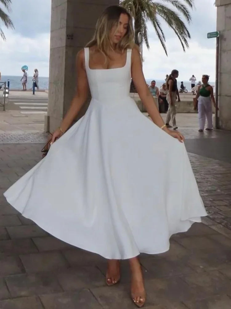 Elegant Solid Square Neck Sleeveless Slim High Waist Dress