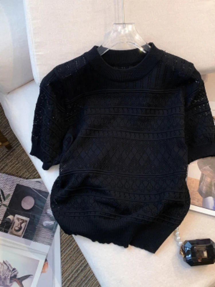 Summer Crew Neck Pullover Sweater Versatile Short Sleeve