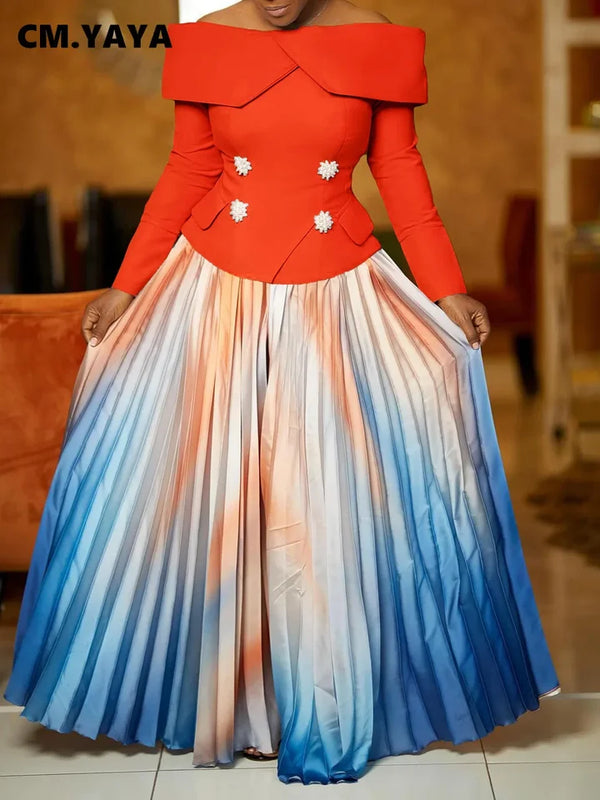 YAYA Set Full Sleeve Slash Neck Tops Shirt + Gradient Pleated Long Skirts