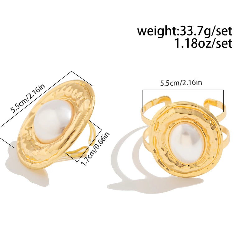 2Pcs/Set Exaggerated Circle Chunky Adjustable Open Cuff Bangles Imitation Pearl Rings
