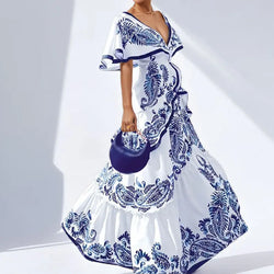 Elegant Deep V-neck Ruffle Bohemian Dresses