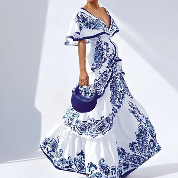 Elegant Deep V-neck Ruffle Bohemian Dresses
