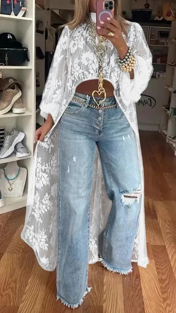 Shirt Top With High Neck Puff Sleeve Through Hollow-Out Front Short After Long Top Blouse