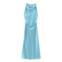 slim fit sleeveless silk satin dress