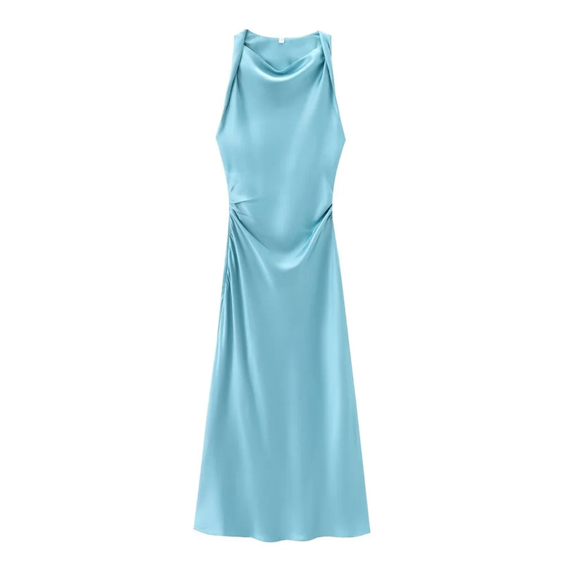 slim fit sleeveless silk satin dress