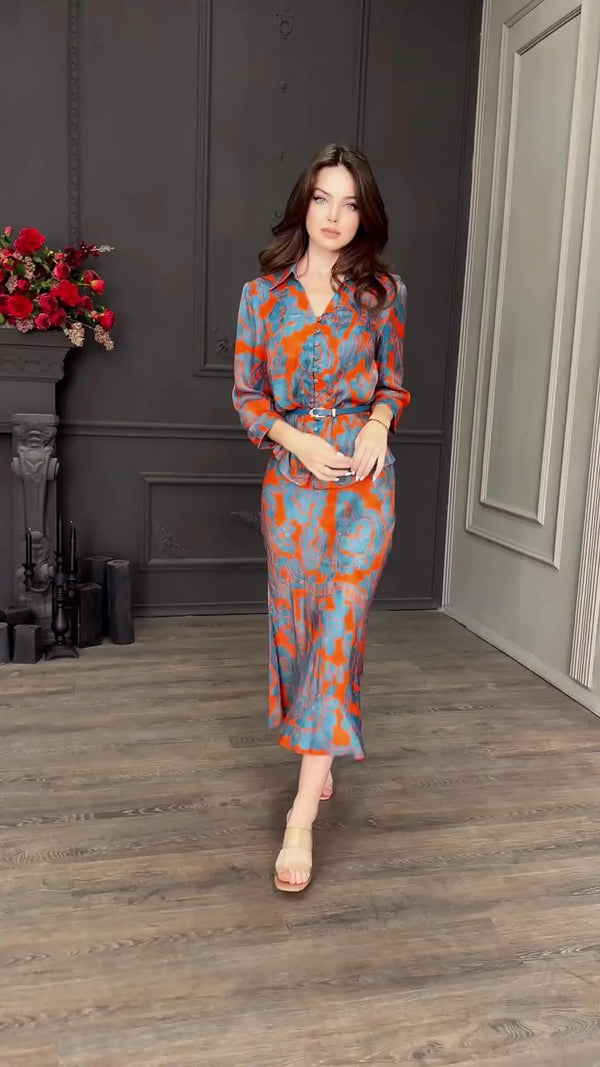Two Piece Printed Shirt Single Breasted Long Skirt set